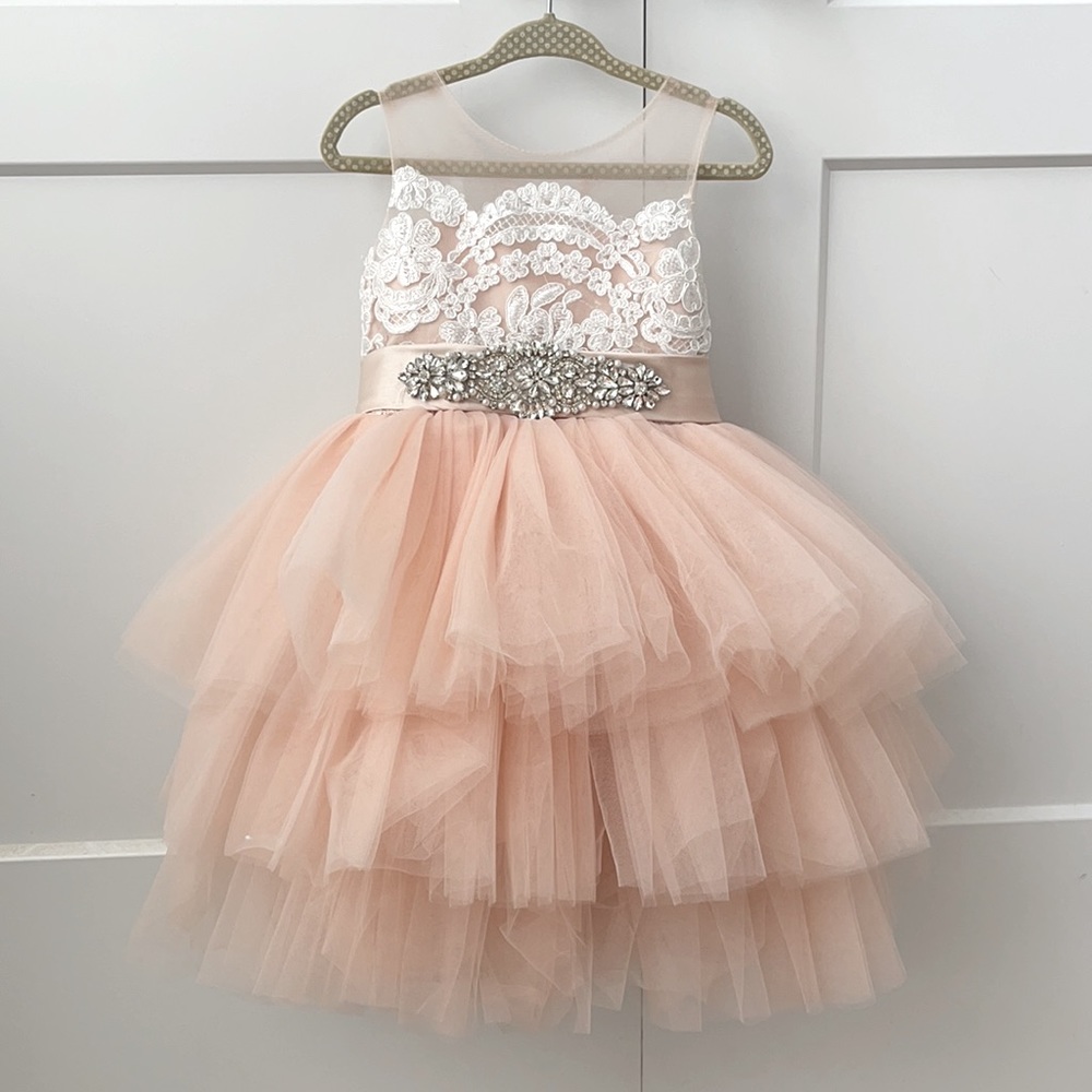 Stunning peach pink tulle toddler dress with sash, lace and pearl buttons. 2T